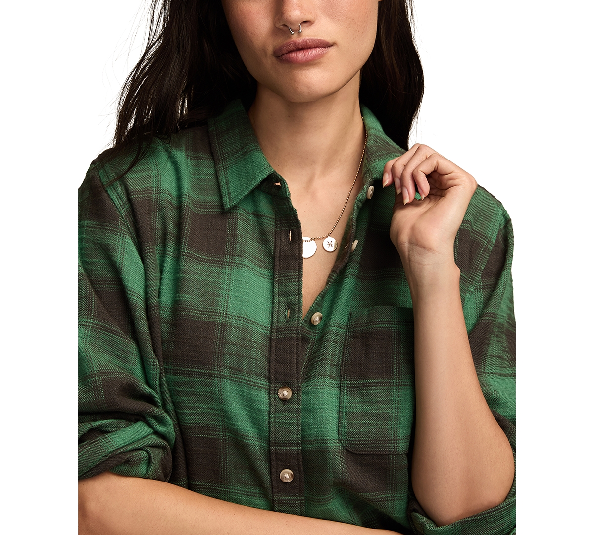 Lucky Brand Women's Clyde Plaid Boyfriend Button-down Shirt In Green
