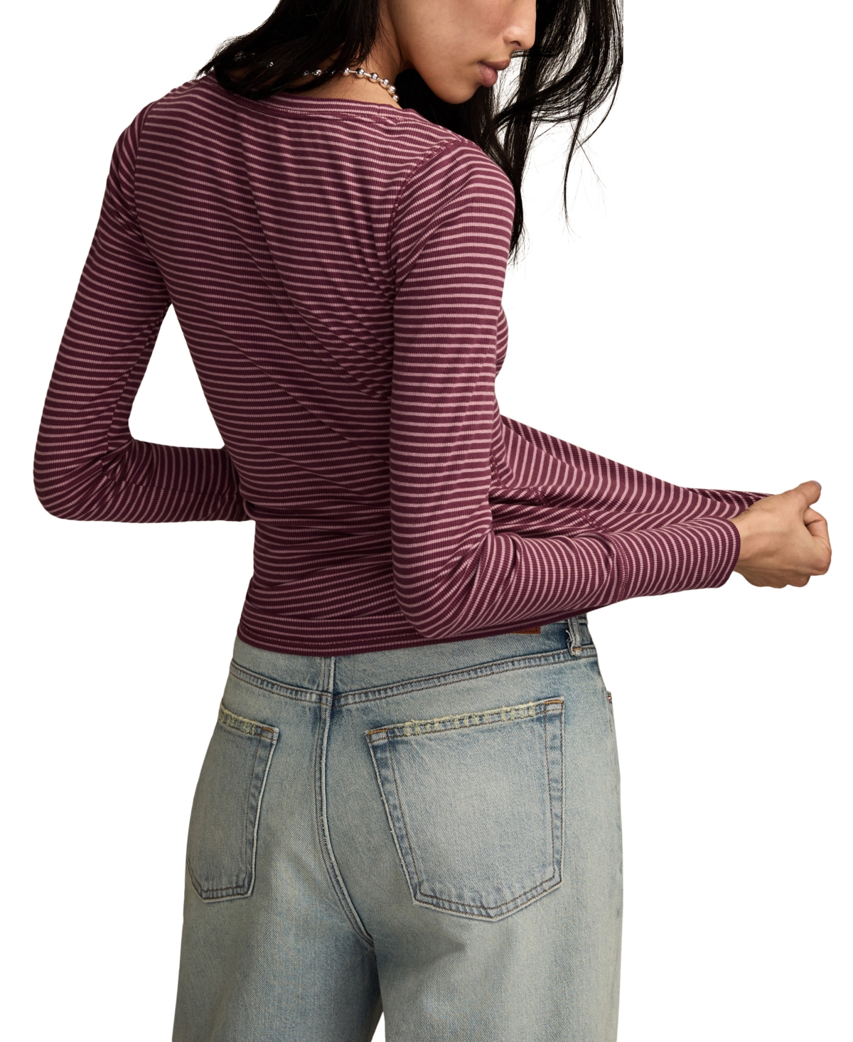 Lucky Brand Women's Crewneck Long-sleeve Rib Henley Top In Brown