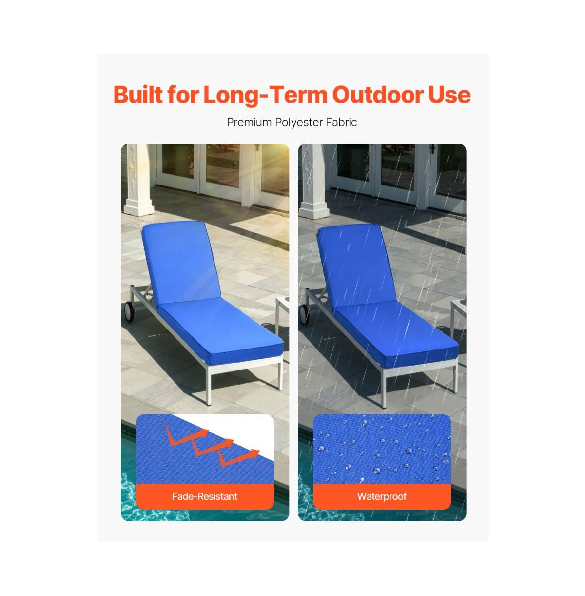 Slickblue Outdoor Chaise Lounge Chair Cushion 72 x 21" Waterproof and Thick with Ties