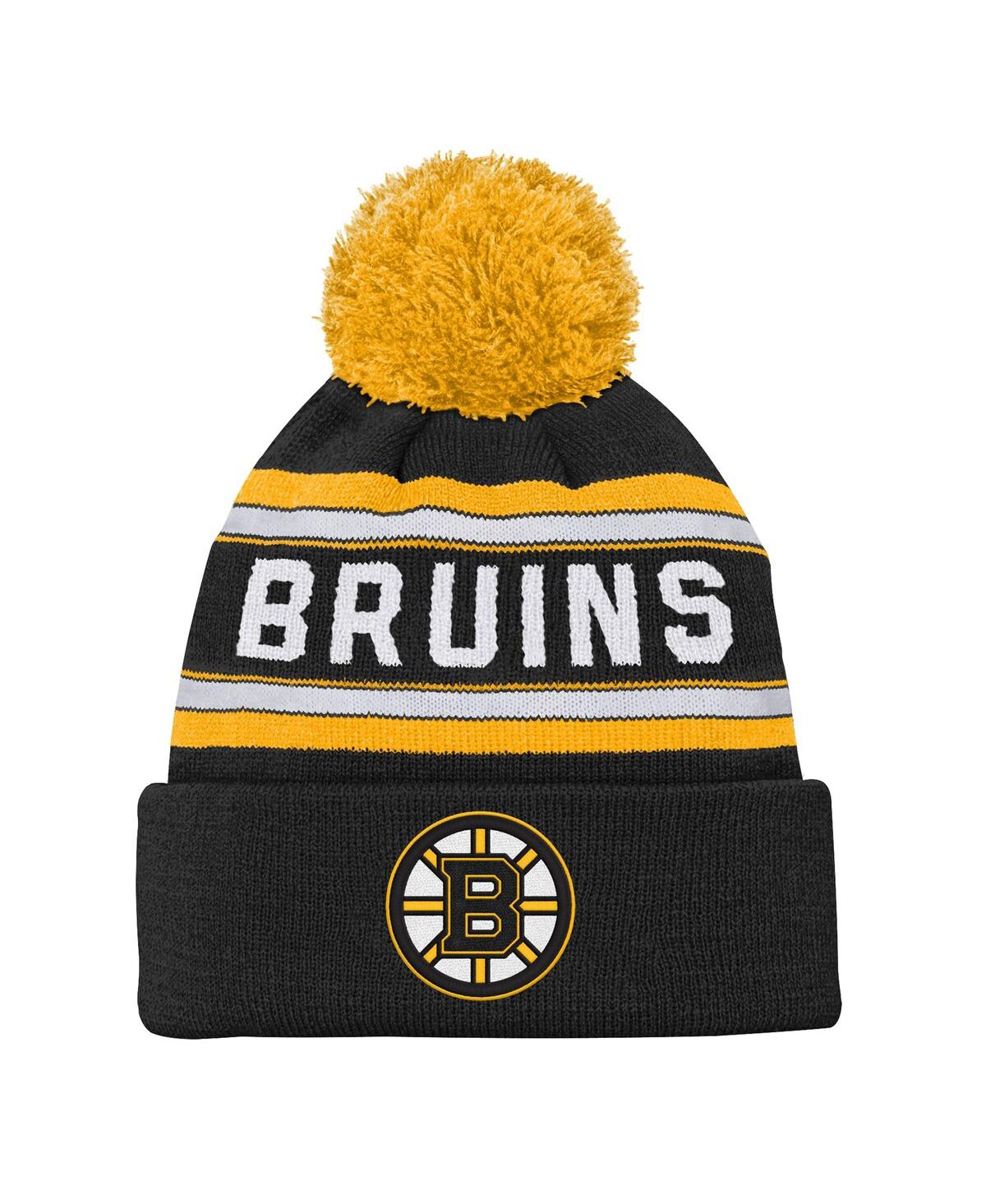 Outerstuff Big Boys And Girls Black Boston Bruins Jacquard Cuffed Knit With Pom Hat In Black