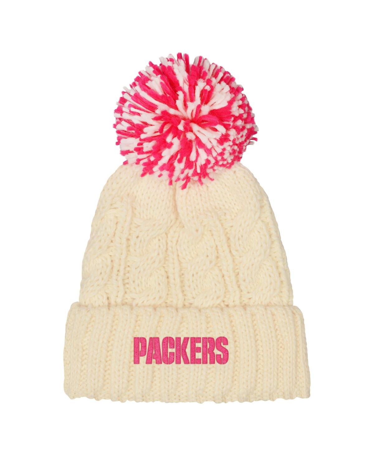 Outerstuff Girls White Green Bay Packers Cable Cuffed Knit With Pom Hat In Neutral