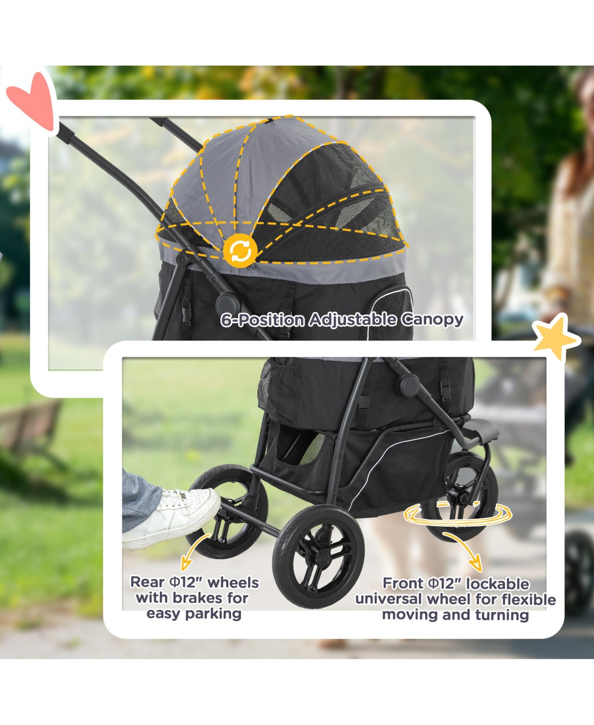 PawHut 3 in 1 Pet Stroller for Small Dogs and Cats with Detachable Carrier