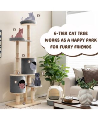 6-Tier Wooden Cat Tree with 2 Removeable Condos Platforms and Perch