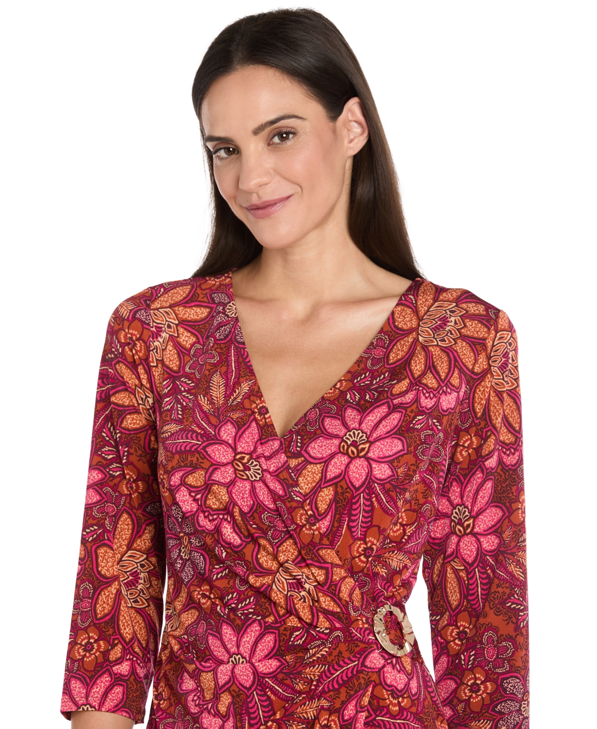 R & M Richards Women's Printed Faux Wrap 3/4-Sleeve Dress