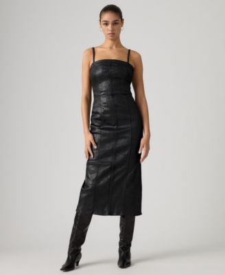 Premium Women's Coated Seamed Bustier Denim Midi Dress