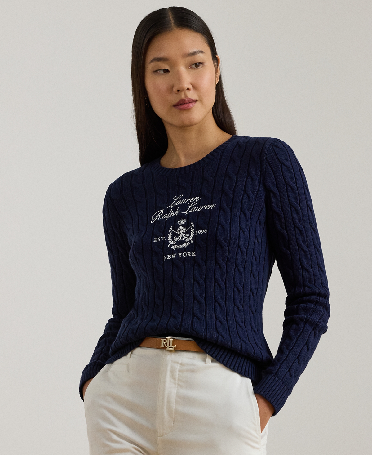 Lauren Ralph Petite Embroidered-Crest Crewneck Sweater