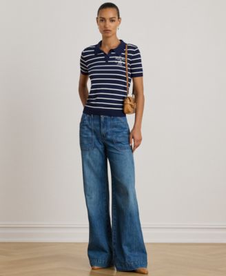 Petite Striped Short-Sleeve Polo Sweater