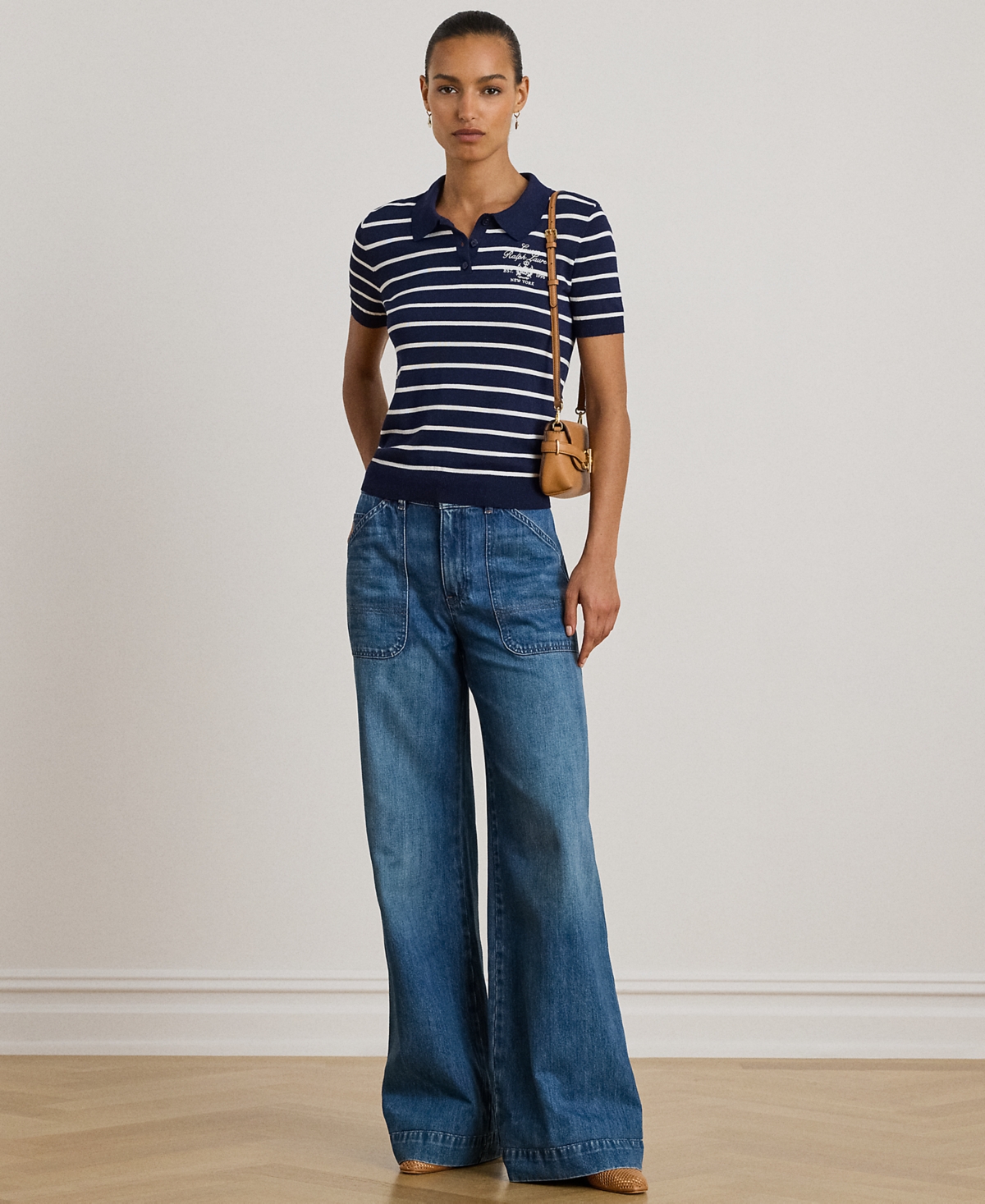 Lauren Ralph Petite Striped Short-Sleeve Polo Sweater