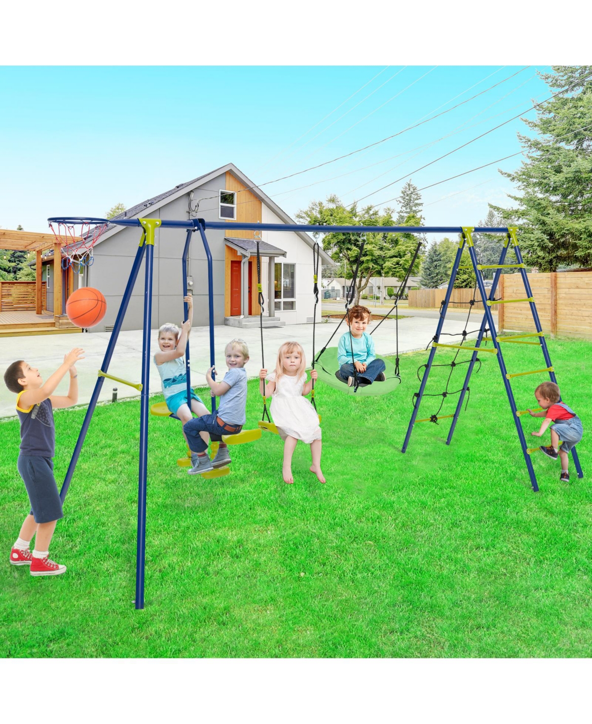 Skonyon 550 Lbs 6-in-1 Patio Kids Swing Set with Climbing Net and Ladder