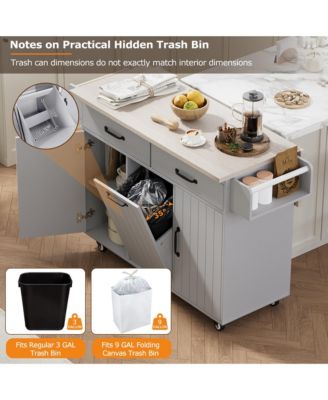 CASAINC Wood Rolling Drop Leaf with Trash Can Storage, Spice Rack, Towel Rack, Drawer & Adjustable Shelf Kitchen Island Cart