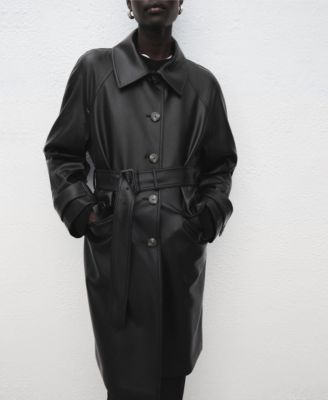 Women's Long Leather-Effect Belted Trench Coat