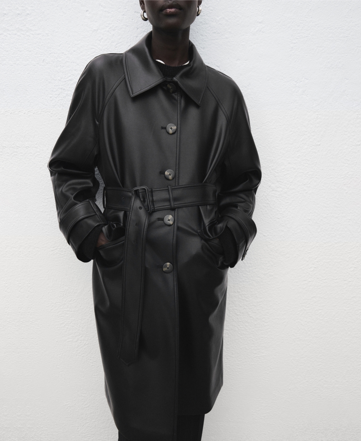 Mango Women's Long Leather-effect Belted Trench Coat In Black