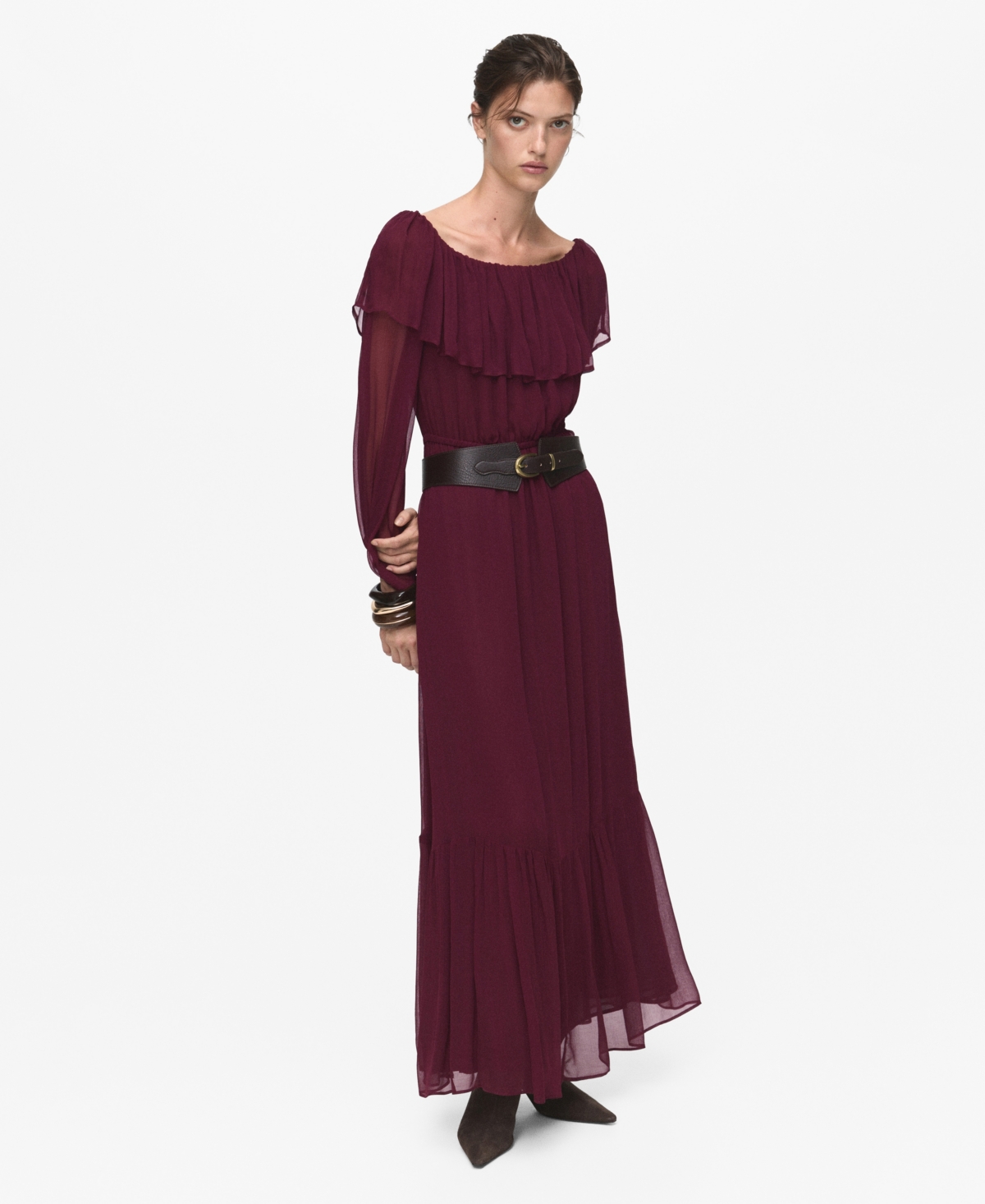 Mango Ruffle Off The Shoulder Long Sleeve Maxi Dress In Burgundy