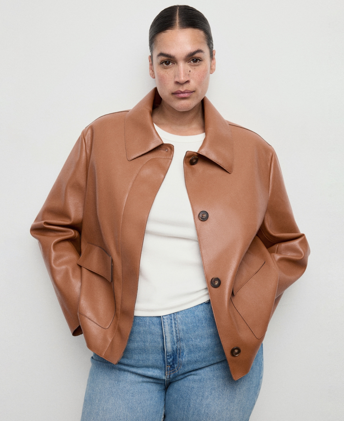 Mango Women's Pockets Leather-effect Jacket In Brown