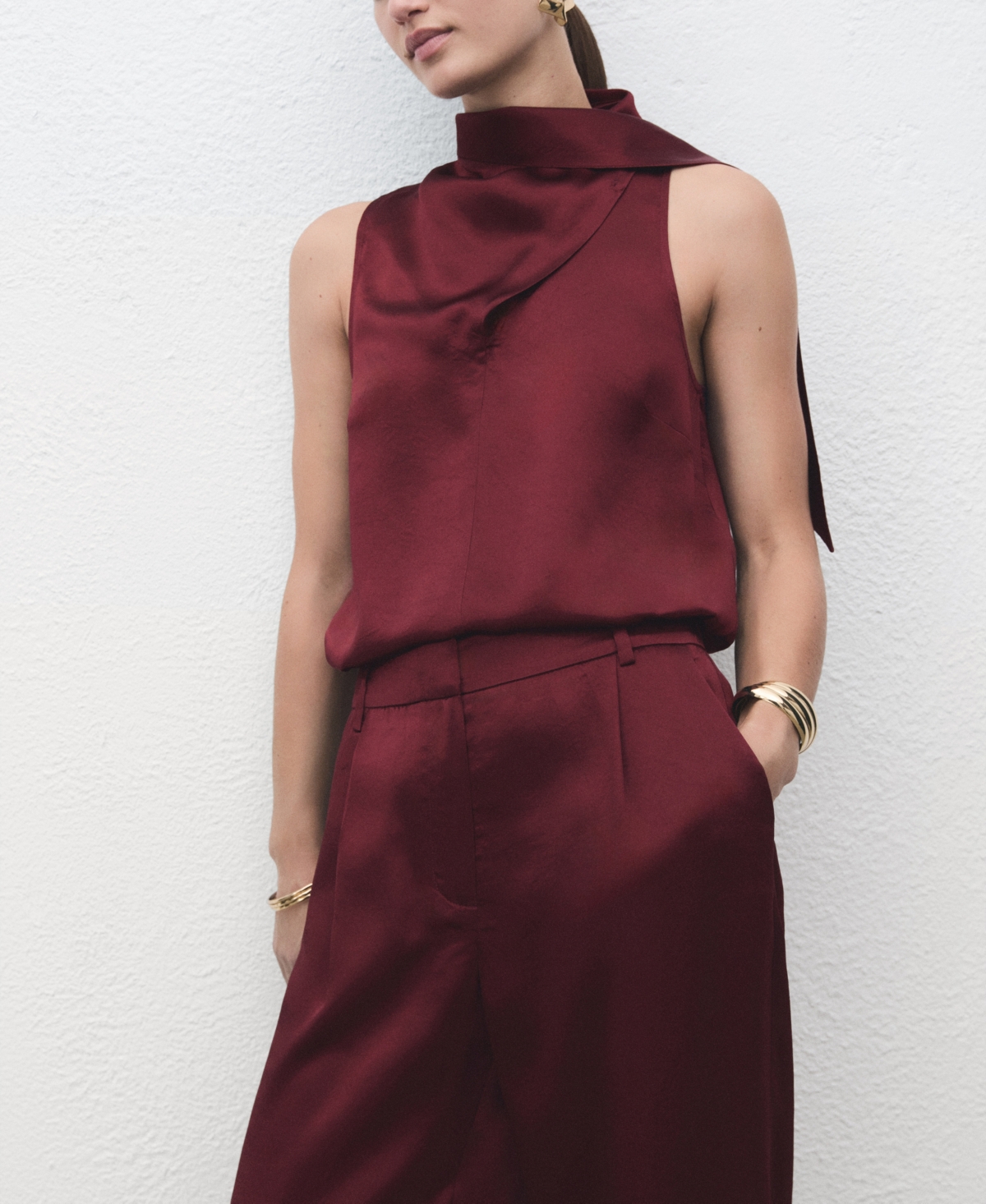 Mango Wide Leg Satin Pants In Burgundy