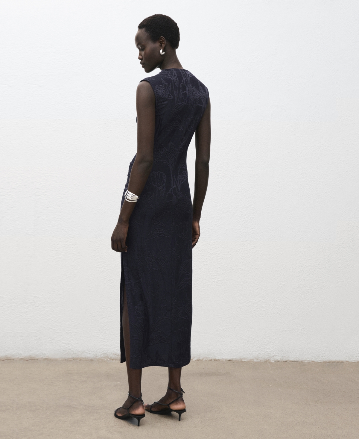 Mango Embroidered Dress With Draped Collar Navy In Blue