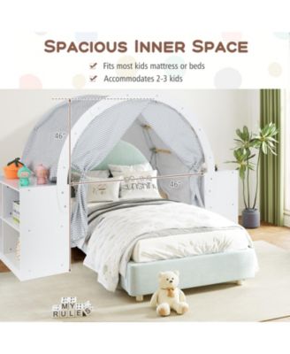 Wooden Kids Play Tent with Curtain Shades and 8 Cubbies-White