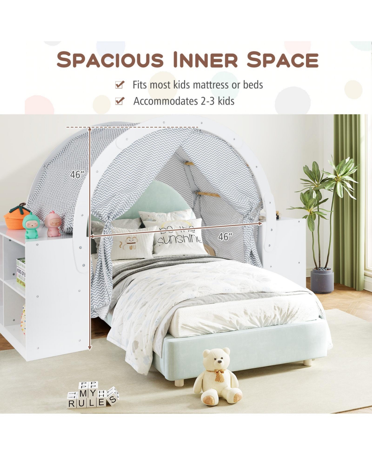 Skonyon Wooden Kids Play Tent with Curtain Shades and 8 Cubbies-White