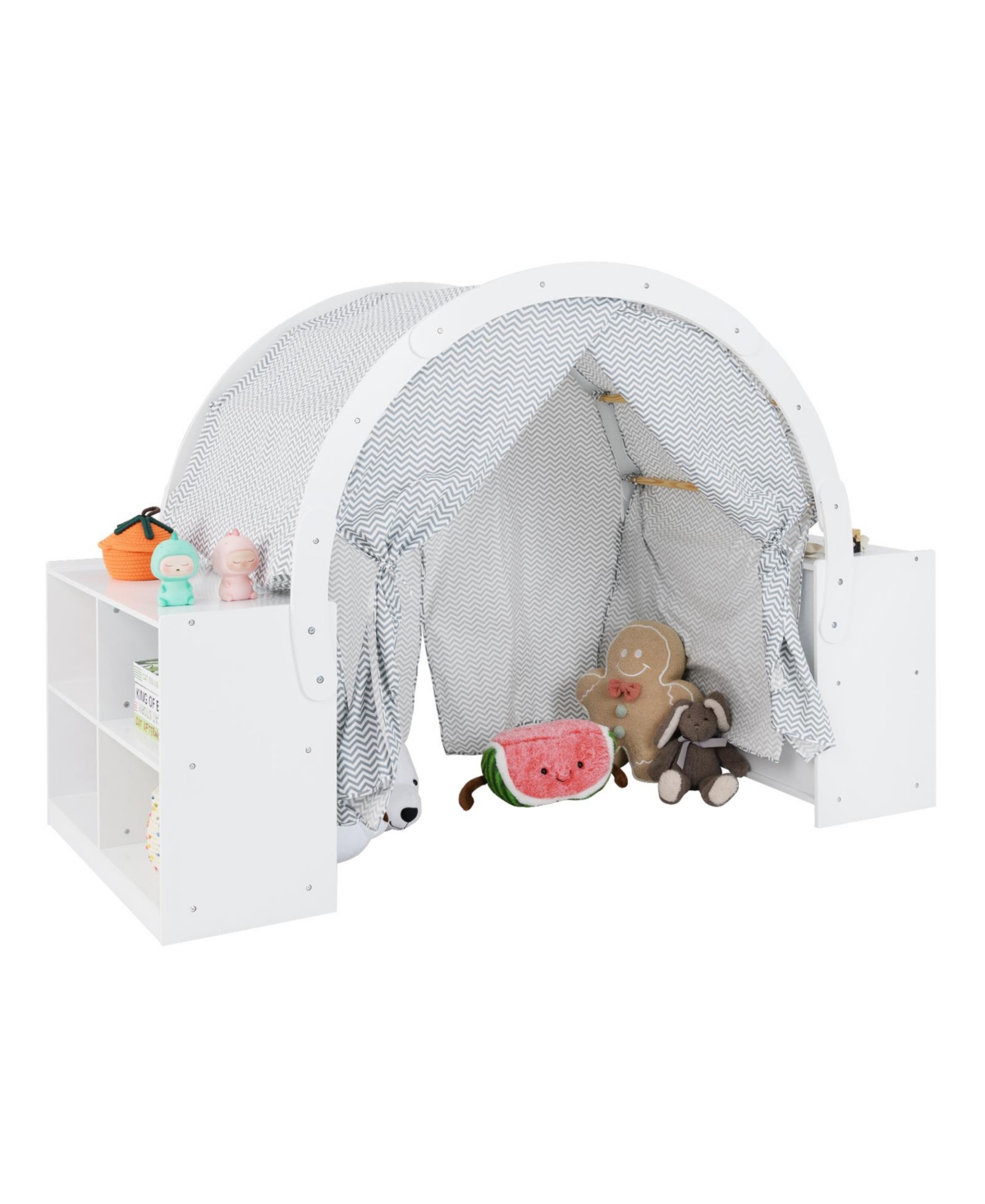Skonyon Wooden Kids Play Tent with Curtain Shades and 8 Cubbies-White