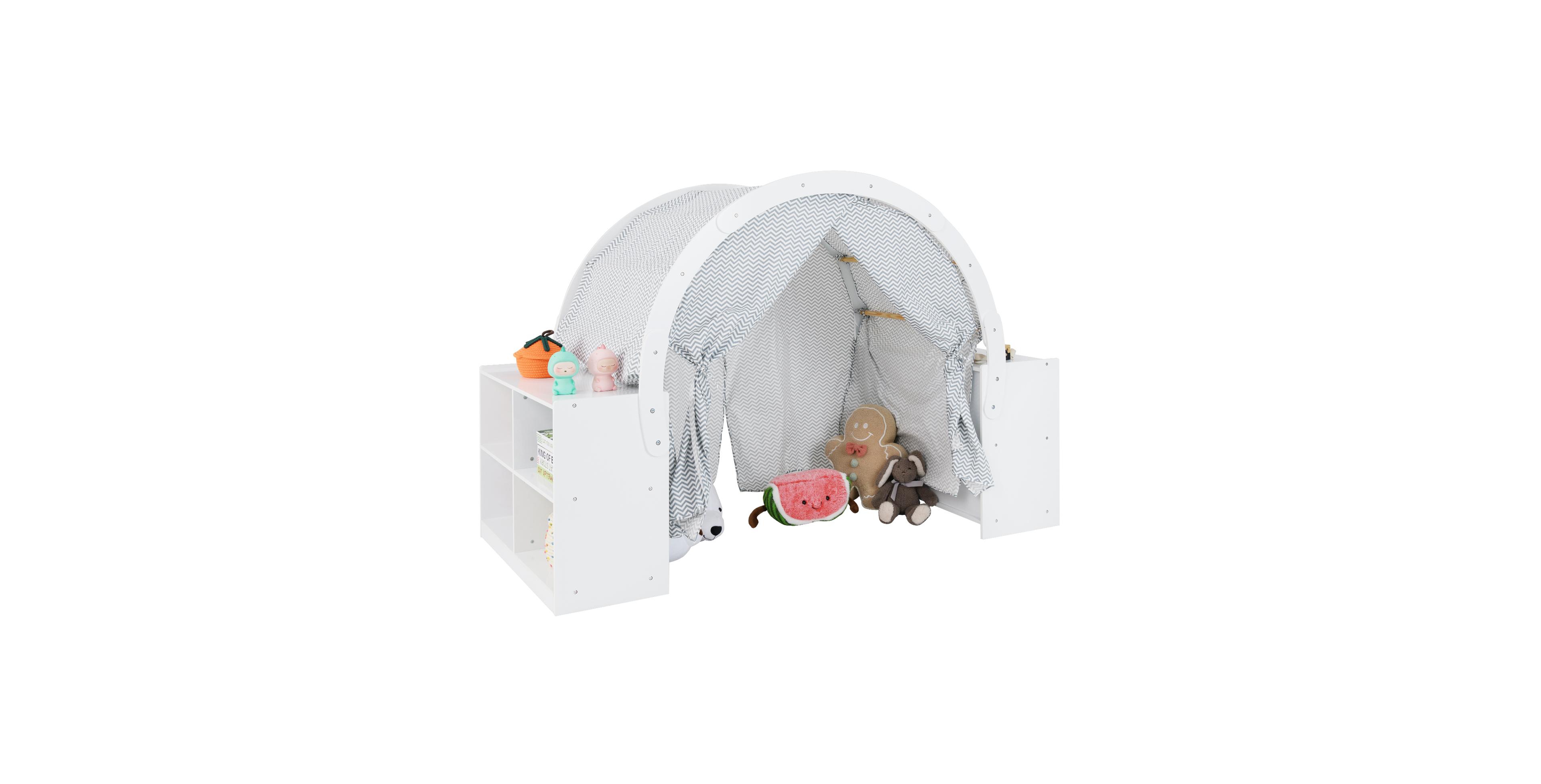 Skonyon Wooden Kids Play Tent with Curtain Shades and 8 Cubbies-White