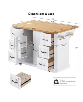 CASAINC 56" Kitchen Island Cart, Drop Leaf, Power Outlet, 4 Shelves, 6 Drawers, Rubber Wood Veneer, Rolling for Dining Room