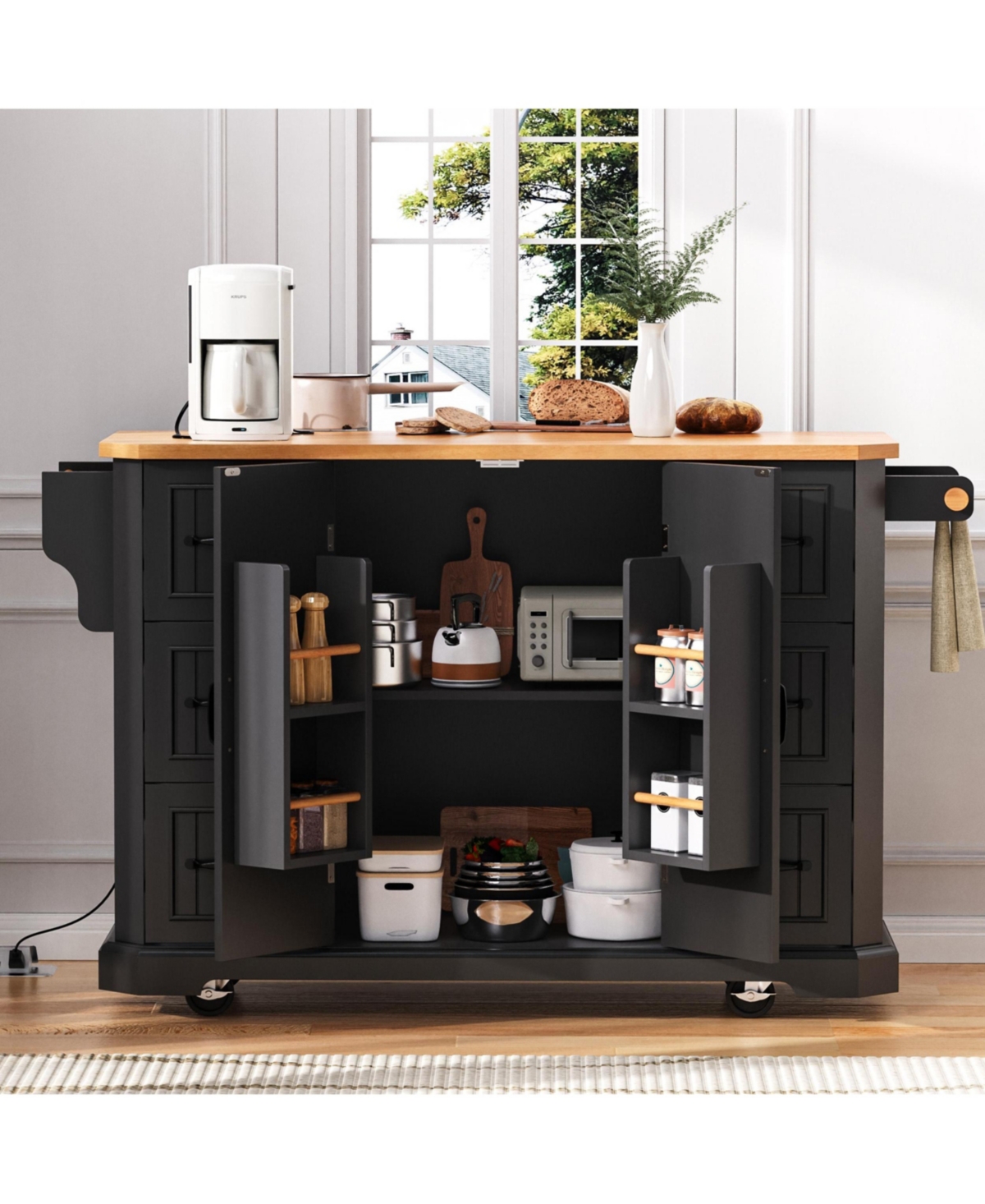 Casainc 56" Kitchen Island Cart, Drop Leaf, Power Outlet, 4 Shelves, 6 Drawers, Rubber Wood Veneer, Rolling for Dining Room