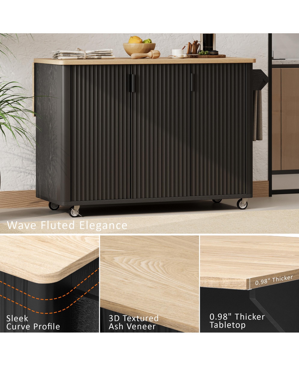 Casainc 51" Fluted Kitchen Island with Drop Leaf, Rolling Cart Internal Storage Rack and Towel Holder