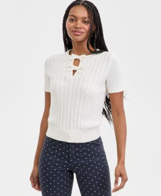 Nautica Jeans - Women's Bow Cable-Knit Short-Sleeve Sweater
