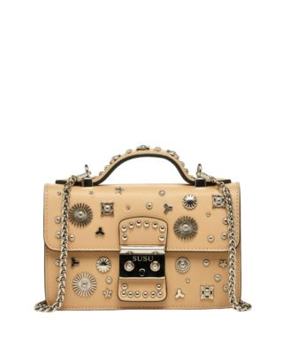 Small Leather Crossbody Bag Studded Purse Top Handle Structured Handbag