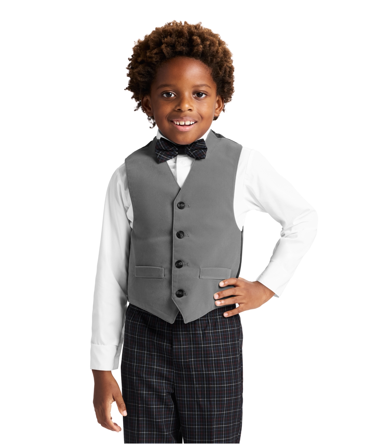 Nautica Toddler & Little Boys Grey Velvet Vest, Shirt, Bow Tie & Plaid Pants Set In Multi