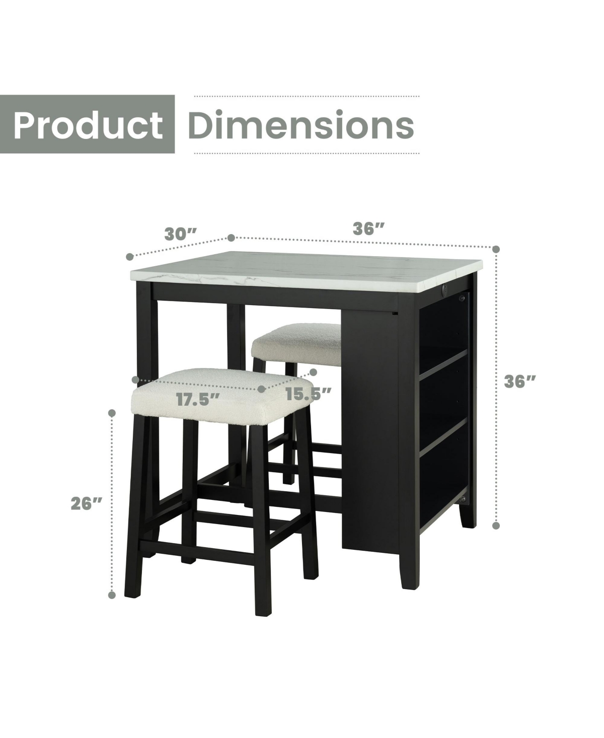 Clihome Transitional 3-Piece Dining Set with Gloss Tabletop, Storage Shelves, Usb Ports & 2 Upholstered Stools – Black/Ivory