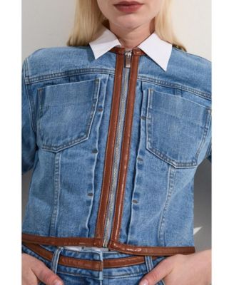 Women's Denim & Leather Collarless Jacket