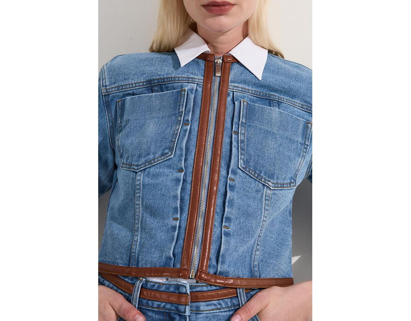 Женская куртка Karen Millen Denim and Leather Collarless, цвет: Светлый синий — фото 5