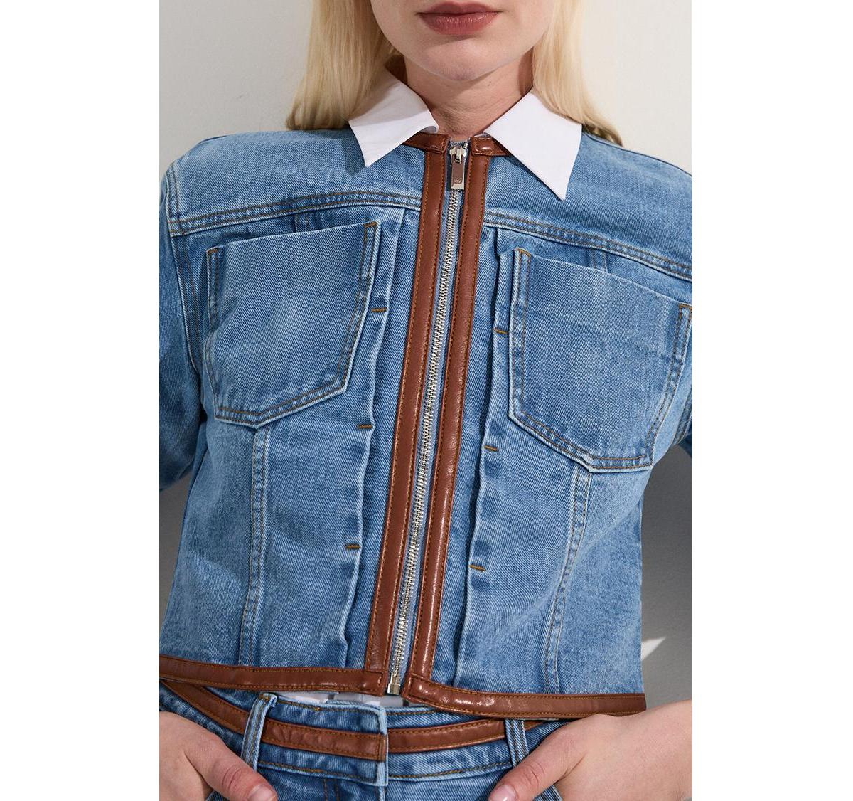 Karen Millen Women's Denim & Leather Collarless Jacket