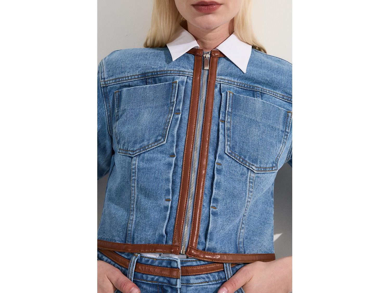 Women's Denim and Leather Collarless Jacket