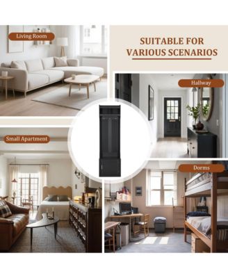 Slim Hall Tree with Cabinet and 6 Hooks, Minimalist Black Wood/Metal Foyer Organizer