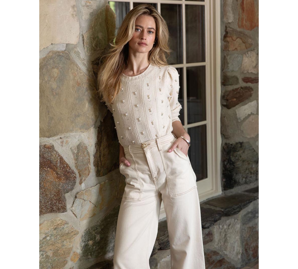 CeCe Women's Allover Embellished Long Sleeve Sweater