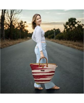 Crimson Courage Handwoven Red & White Sisal Straw Basket Tote