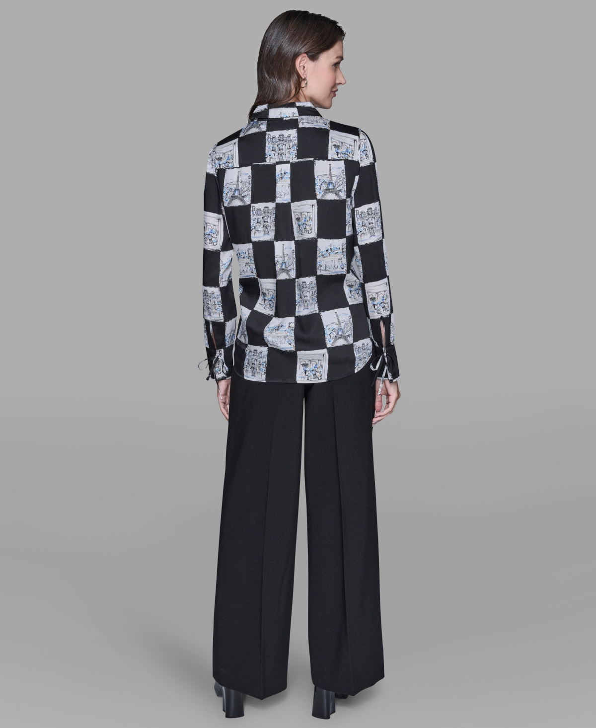 Karl Lagerfeld Women's Printed Collared Long-sleeve Blouse In Black