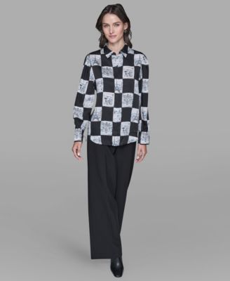KARL LAGERFELD PARIS - Women's Printed Collared Long-Sleeve Blouse