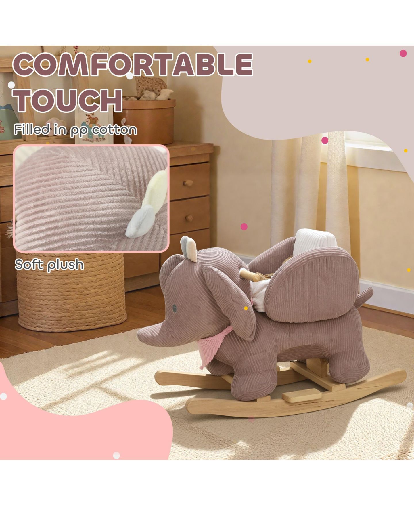Детская мягкая игрушка Qaba Baby Rocking Elephant Plush with Realistic Sound Ride-On Toy, Ages 18-36 Months, цвет: Розовый — фото 5