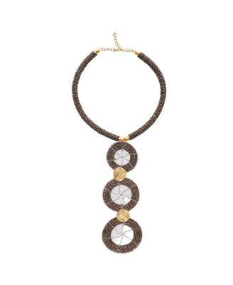 Mukiri Handcrafted African Beaded Necklace for Women – Kenyan Jewelry with Brass Shilling Accents, 3-Disc Tribal Design - Chameleon brown