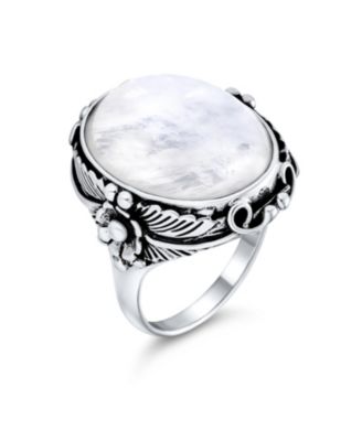 Leaf Large Oval Natural Moonstone Statement Ring Western Jewelry .925 Sterling Silver