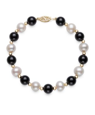 Macy's - Freshwater Pearl (7.5-8.5mm), Black Onyx and Gold Bead Bracelet in 10k Yellow Gold