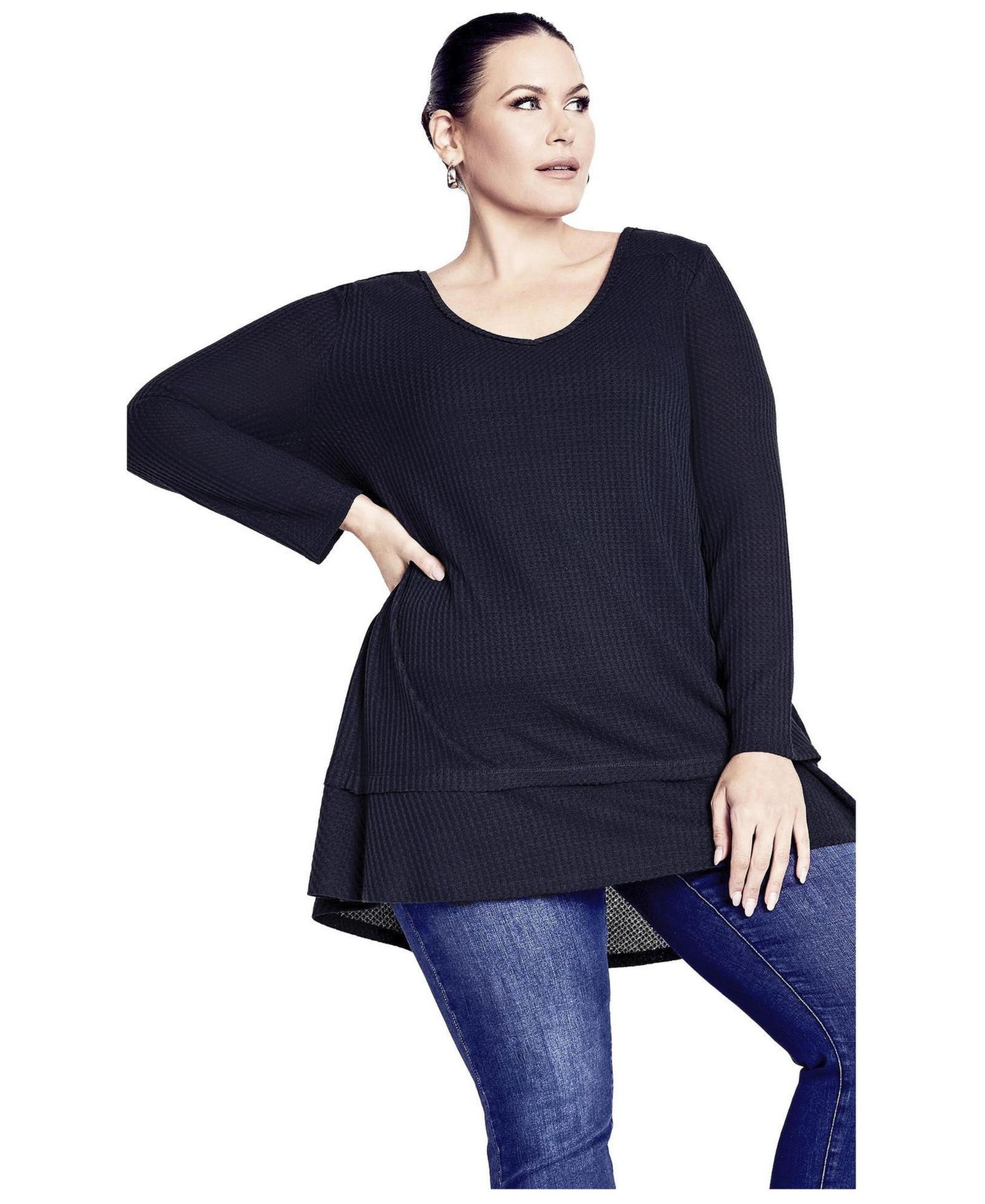 Женский топ Avenue Plus Size Waffle Ruffle Tunic, цвет: Тёмно-синий — фото 1