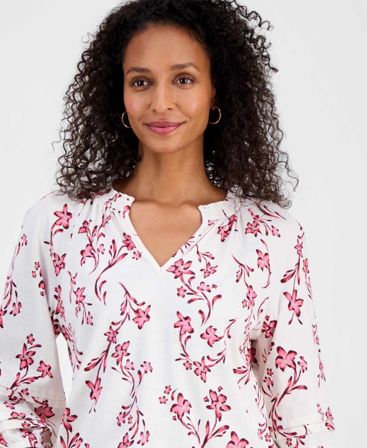 Style & Co Women's Printed Smocked Knit Top, Macy's Exclusive In White