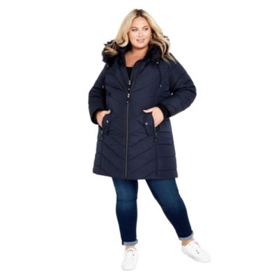 Women's Plus Size Chevron Long Puffer Coat with Faux Fur Hood