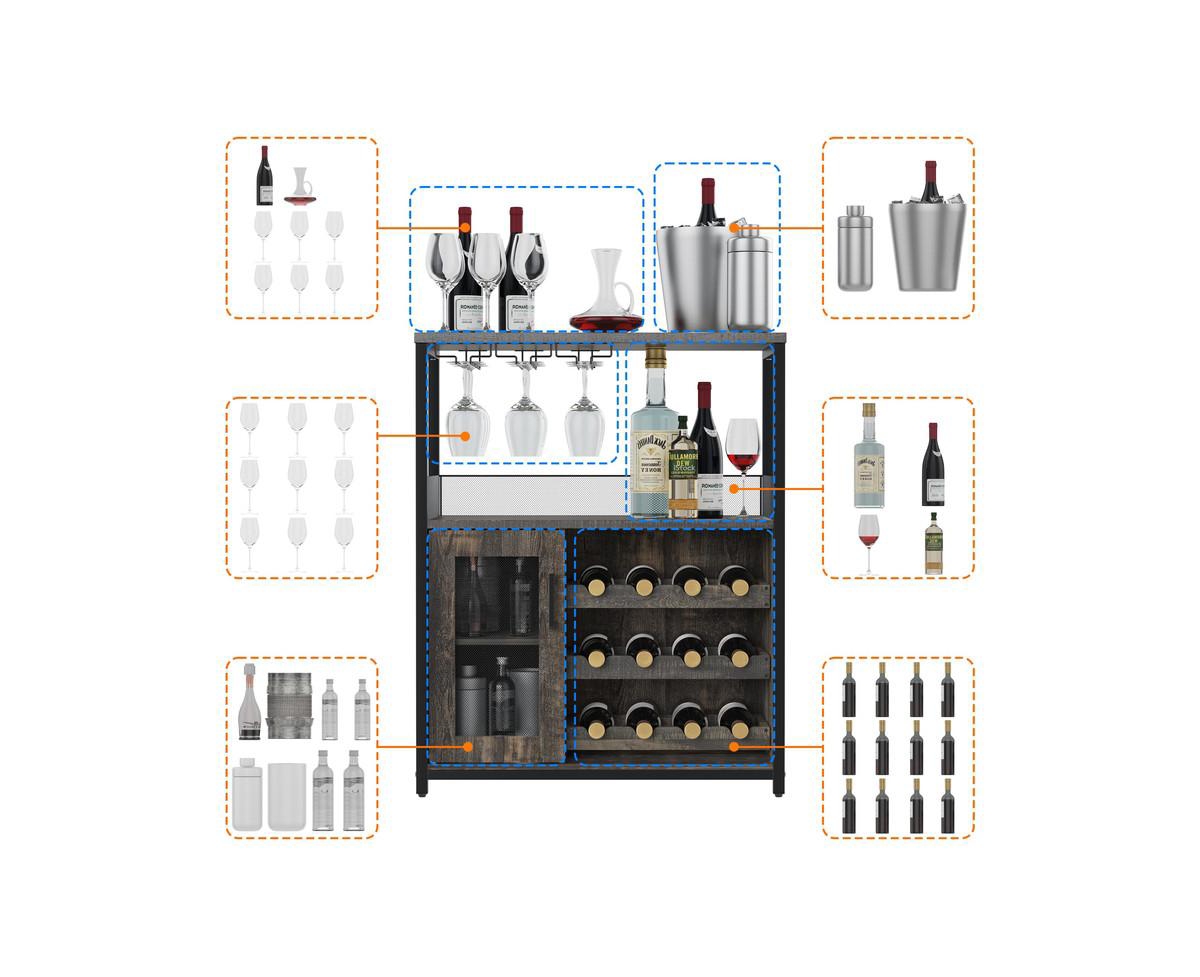 gaomon Wine Bar Cabinet with Detachable Wine Rack, Bar Rack Cabinet with Glass Holder and 1 Drawer, Mesh Door, Small Sideboard and Buffet Cabinet for