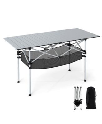 Patio Folding Camping Table with Aluminum Roll-up Tabletop & Mesh Basket