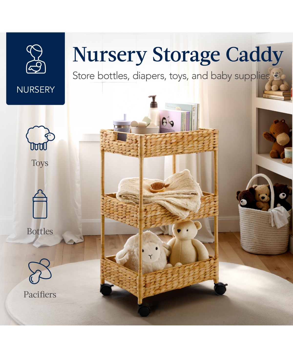 Best Choice Products 3-Tier Water Hyacinth Rolling Utility Cart w/ Weaved Baskets